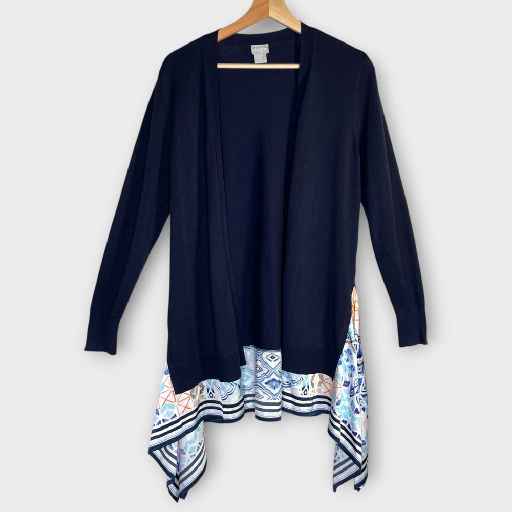 🦜 Chico's Scarf Hem Cardigan Woman's 0 / SMALL Open Front Blue Costal